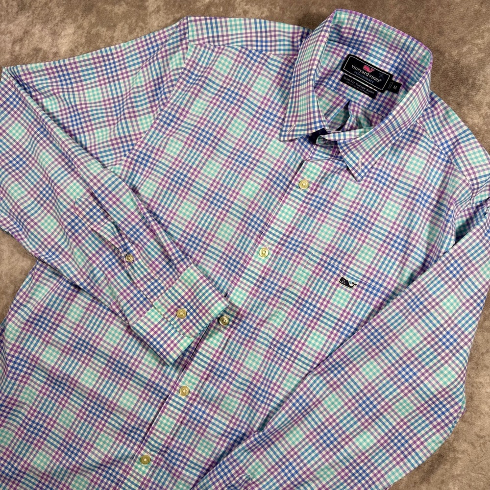 Vineyard Vines Performance Slim Fit Tucker Shirt Mens M Gingham Purple Blue